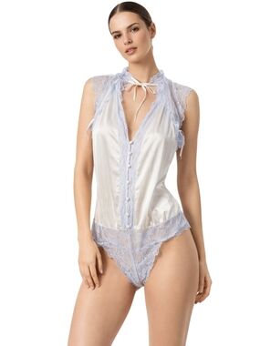 Free People Intimately Stuck On You Lace Satin Bodysuit Blue Ivory Size S